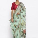 Buy Turquoise-Red Printed Organza Saree with Zari Online at .