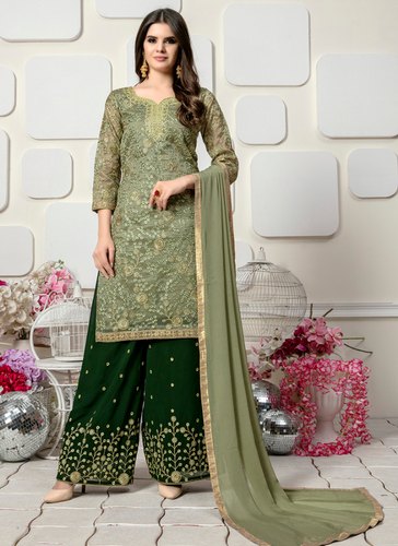 Laureal Green Organza Party Wear Palazzo Salwar Suit, Age: Adult .