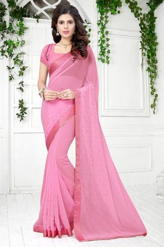 Georgette Stone Work Baby Pink Saree with Blouse Piece, Length .