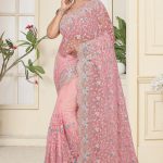 Embroidered Net Saree in Baby Pink : SCBA4
