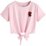 Pink Embroidery Rose Tie Front Short Sleeve T-shirt ($19) ❤ liked .