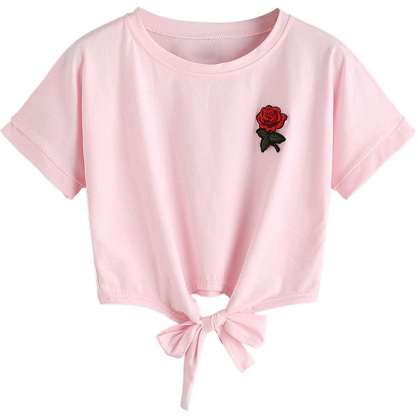 Pink Embroidery Rose Tie Front Short Sleeve T-shirt ($19) ❤ liked .