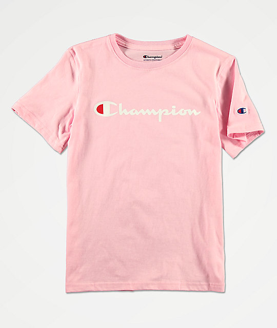 Champion Boys Logo Script Pink Candy T-Shirt | Zumi