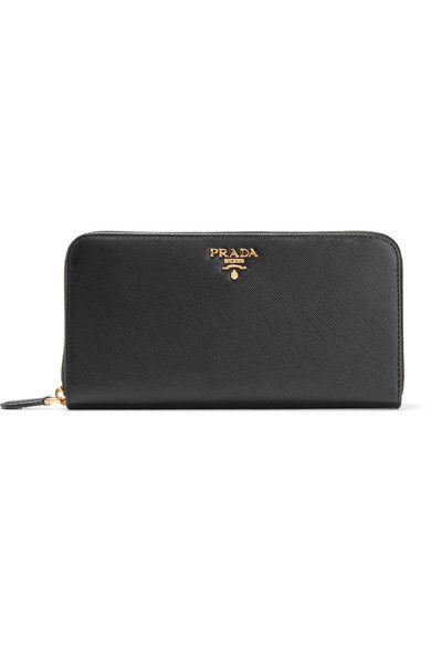 PRADA fashionable Textured-leather continental wallet | Black gold .