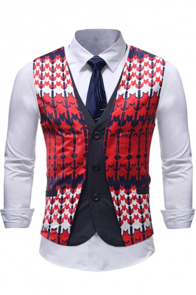 Stylish Printed Button Down Red Fake Two-Piece Suit Vest for Men .
