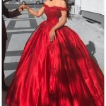Ball Gown Off The Shoulder Red Satin Prom Dress