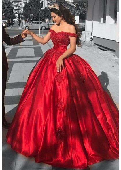 Ball Gown Off The Shoulder Red Satin Prom Dress