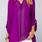 Lace Panel Roll Tab Sleeve Purple Blouse | modlily.com - USD .
