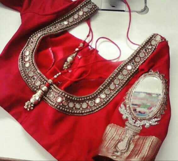 Red colour blouse work | Awesome blouse, Mirror work blouse, Saree .