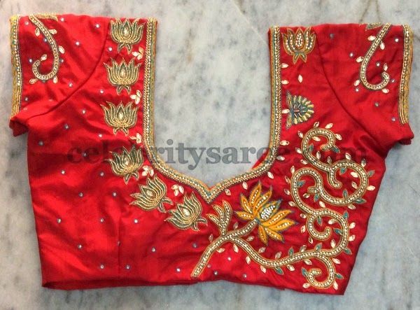 Red Blouse with Maggam Work Lotus Flowers | Blouse work designs .