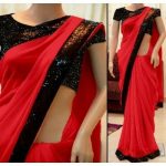 Georgette Lace Work Red Plain Saree - B002 (With images) | Saree .