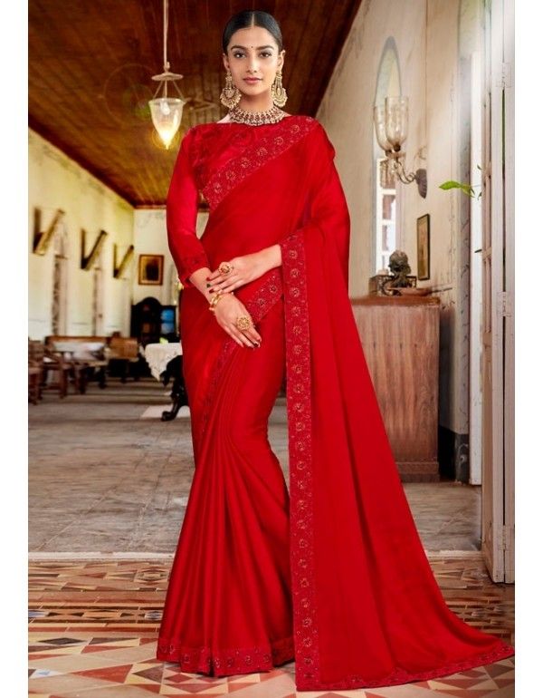 Hot Red Resham Work Art Silk Saree | Saree designs, Party wear .