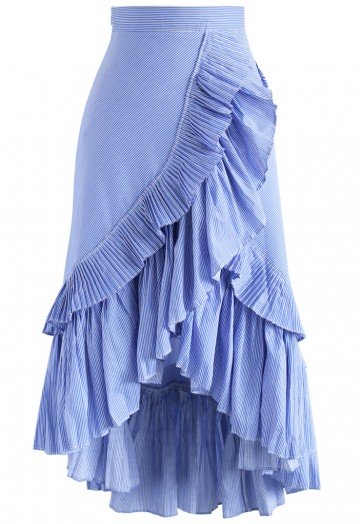Applause of Ruffle Tiered Frill Hem Skirt in Blue Stripes - Retro .