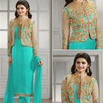Turquoise Georgette Jacket Style Salwar Kameez #collarneck #Style .