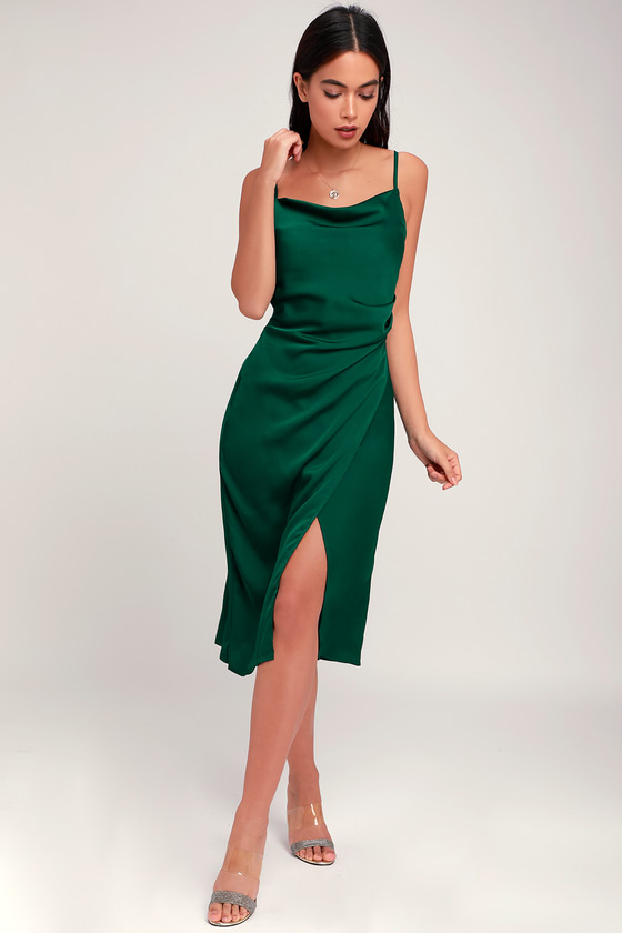 Sleek Forest Green Dress - Satin Dress - Midi Dress - Dre