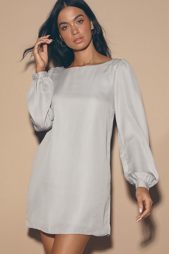 Pretty Light Grey Dress - Shift Dress - Long Sleeve Dress - $42.
