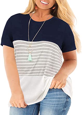 VISLILY Women's Plus Size T-Shirt Short Sleeve Striped Tunics Top .