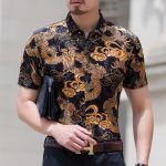 Mens Dragon Print Design Silk Shirts Men Casual Short Sleeve .