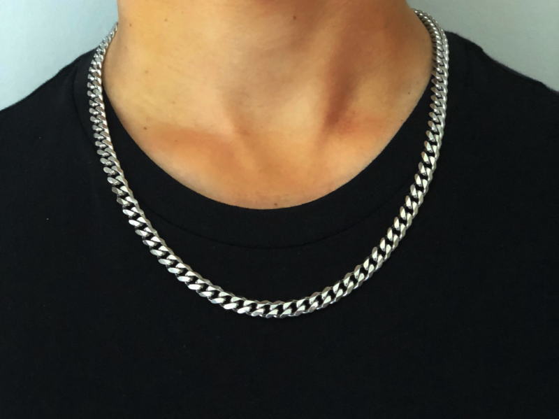 Mens Silver Chain Necklace - Stainless Steel Curb Style, 7mm Width .