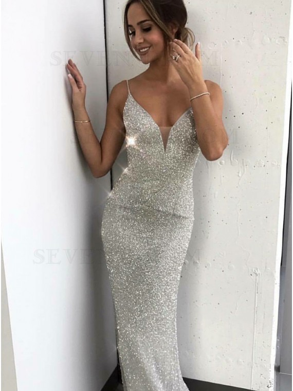 Buy Mermaid Spaghetti Straps Long Silver Sequin Prom Evening Dress .