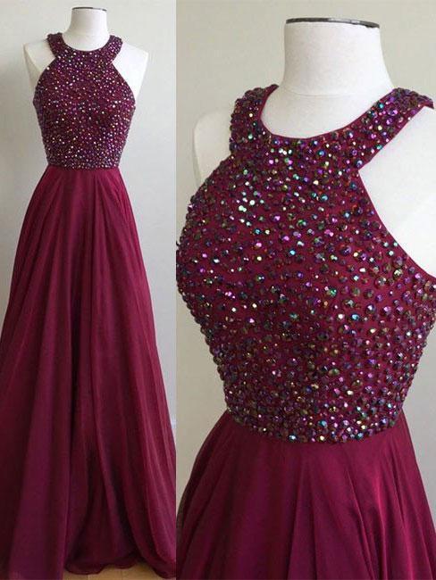 A-line Halter Burgundy Chiffon Long Prom Dresses,Simple Pageant .