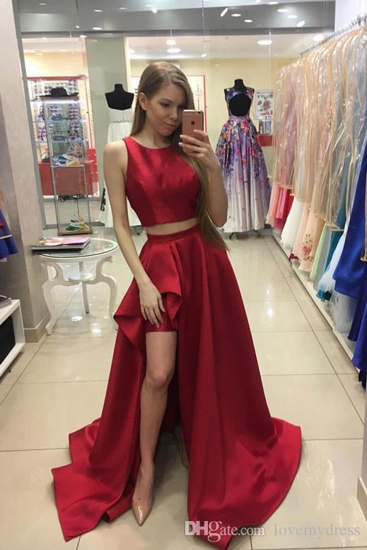 Red Two Piece Simple Evening Prom Dresses 2020 High Low Jewel Neck .