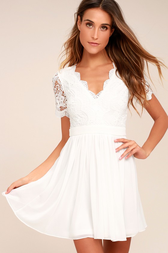 Lovely White Lace Dress - Lace Skater Dress - L