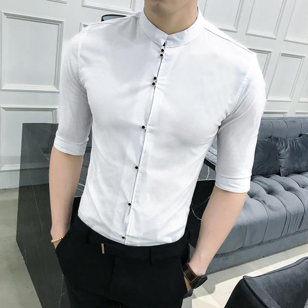 Round Mandarin Collar Minimalist White Men Slim Fit Shirt– FanFrea