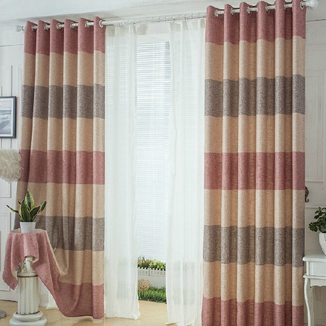 Thcik Linen/Cotton Pink/Beige/Brown Striped Curtai