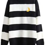 Packitcute Striped Knitted Sweater, Long Sleeve Moon Embroidery .