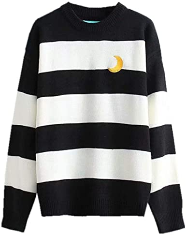 Packitcute Striped Knitted Sweater, Long Sleeve Moon Embroidery .