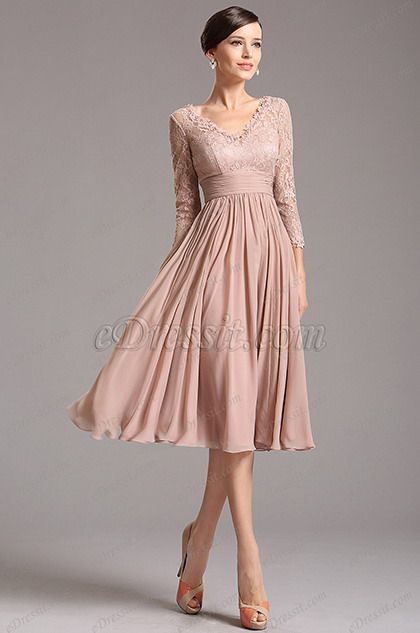 Rosy Brown Tea Length Cocktail Dress with Lace Sleeves (26160146 .