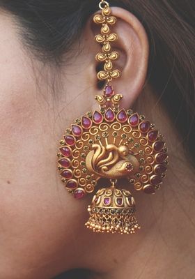 Ruby red temple work earrings | Gold temple jewellery, Temple .