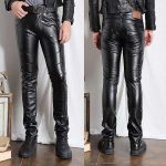Mens Faux Leather Pants PU Material Black Slim Fit Motorcycle .