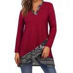 Printed Tunic Tops Long Sleeve Notch Neck A Line Casual Layered .