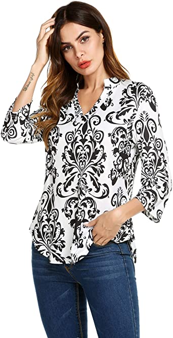 Hount Womens Floral Print Tunic Shirts Casual Notch Neck 3/4 .