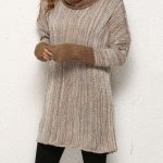 Winter's Trendy Long Sleeve Turtleneck Fashion Two-Tone Tunic .