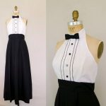 Vintage 1970s Dress: Tuxedo Gown. Bow Tie. Cropped Tux Jacket .