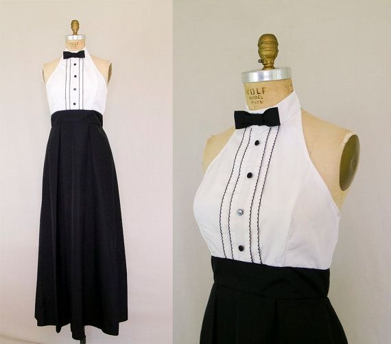 Vintage 1970s Dress: Tuxedo Gown. Bow Tie. Cropped Tux Jacket .