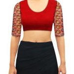 Red raw silk U neck blouse with multicolor brocade sleeves .