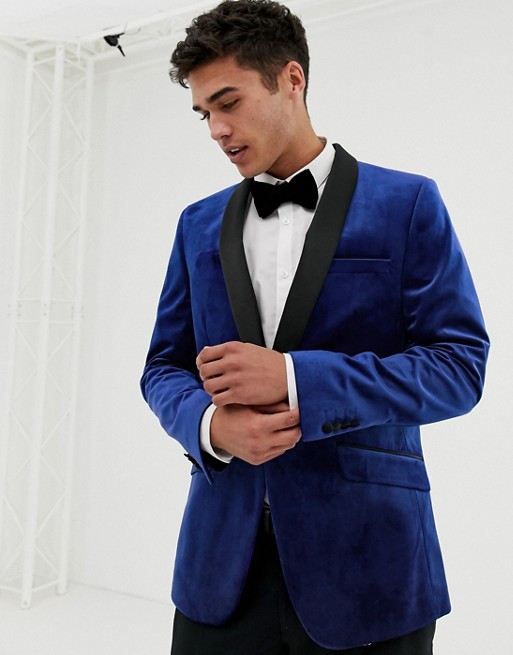 Burton Menswear velvet blazer in cobalt blue | AS