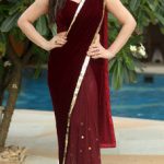 Maroon embroidered velvet saree with blouse - STYLEFUNIA - 8278