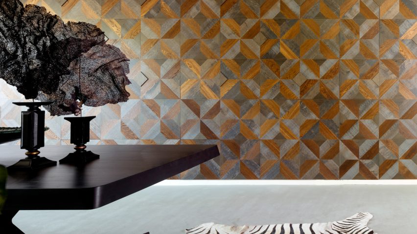 Hakwood's geometric tiles can be used to create patterned feature .