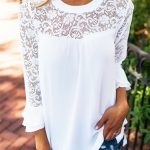 Womens Chic Lace Patched Long Sleeve Round Neck Oversized White .