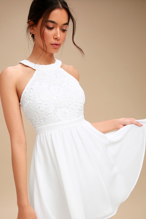 Cute White Dress - Lace Dress - Halter Skater Dress - L