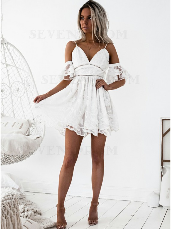 Buy A-Line Spaghetti Straps Short White Lace Homecoming Dress from .