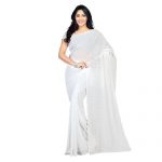 Formal Wear White Plain Chiffon Saree, With blouse piece, 5.5 m .