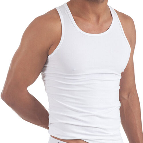 MENS WHITE VEST FITTED 100% COTTON GYM TRAINING TANK TOP T SHIRT .